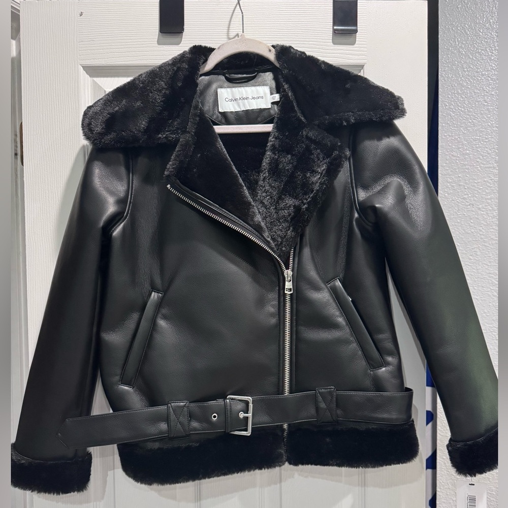 NWT Calvin Klein Faux Shearling Leather Moto Jacket